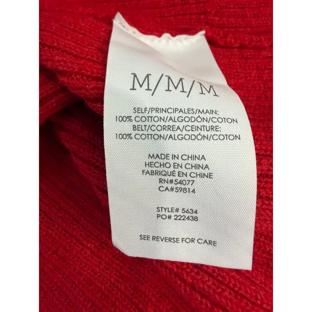 Cabi Gala Cardigan M Red Ribbed Belted Puff Sleeve Wrap Sweater 100 Cotton 5634